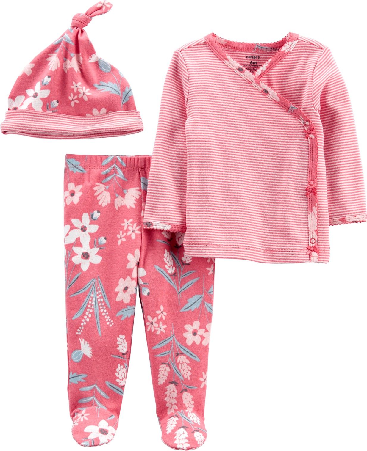 CARTER'S Set 3dílný polodupačky, tričko dl. rukáv zavinovací, čepice Pink Flower dívka LBB PRE, vel. - obrázek 1