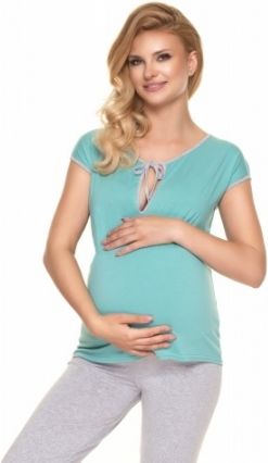 Be MaaMaa Těhotenské, kojící pyžamo s kr. rukávem - mátová/šedá - obrázek 1