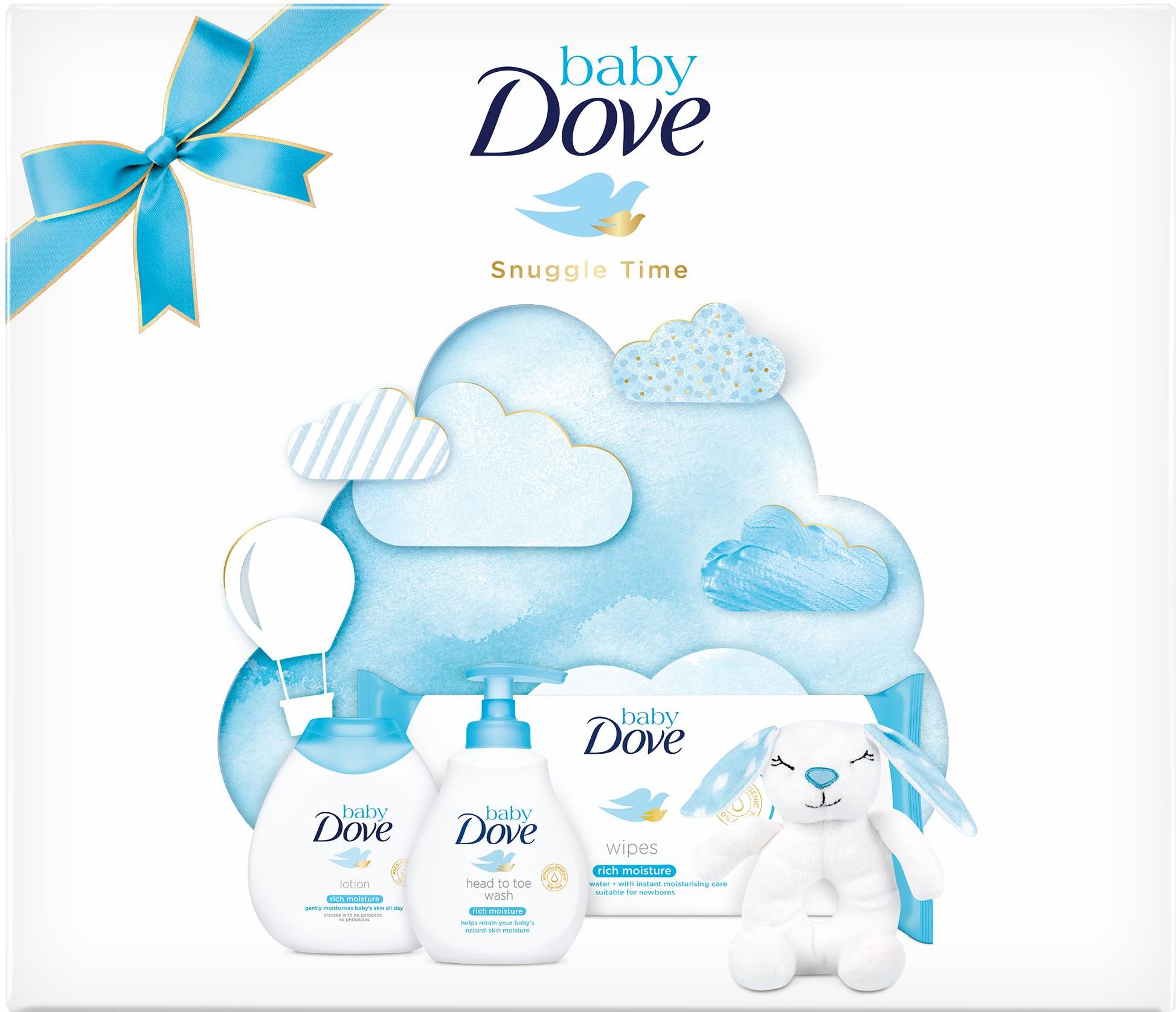 Dove Baby Snuggle Time mycí gel na tělo a vlásky Baby Rich Moisture 200 ml + tělové mléko Baby Rich Moisture 200 ml + vlhčené ubrousky Baby Rich Moisture 50 ks + plyšové chrastítko dárková sada - obrázek 1