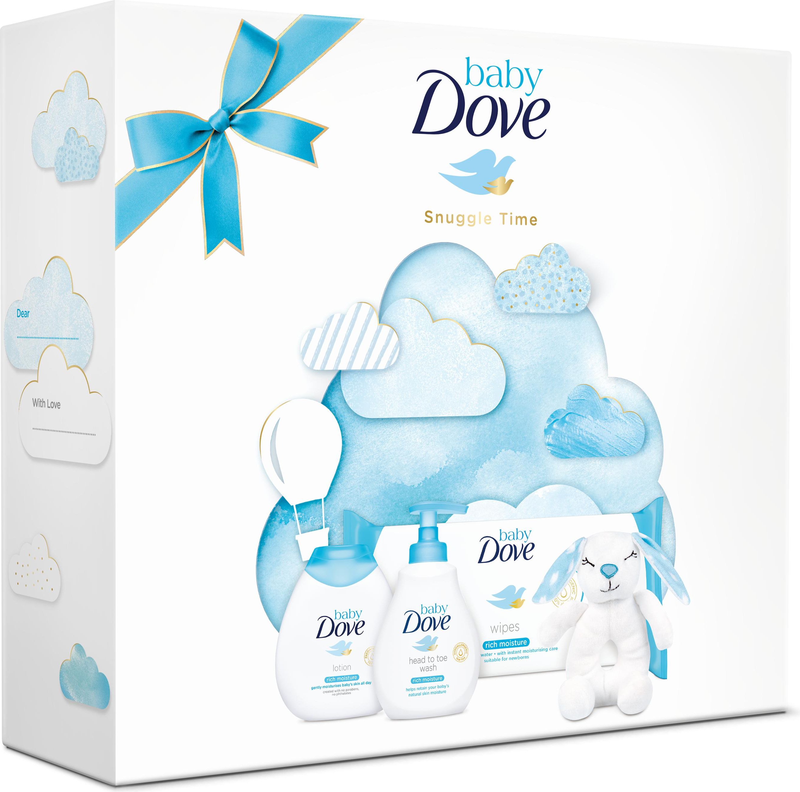 Dove Baby Snuggle Time mycí gel na tělo a vlásky Baby Rich Moisture 200 ml + tělové mléko Baby Rich Moisture 200 ml + vlhčené ubrousky Baby Rich Moisture 50 ks + plyšové chrastítko dárková sada - obrázek 2