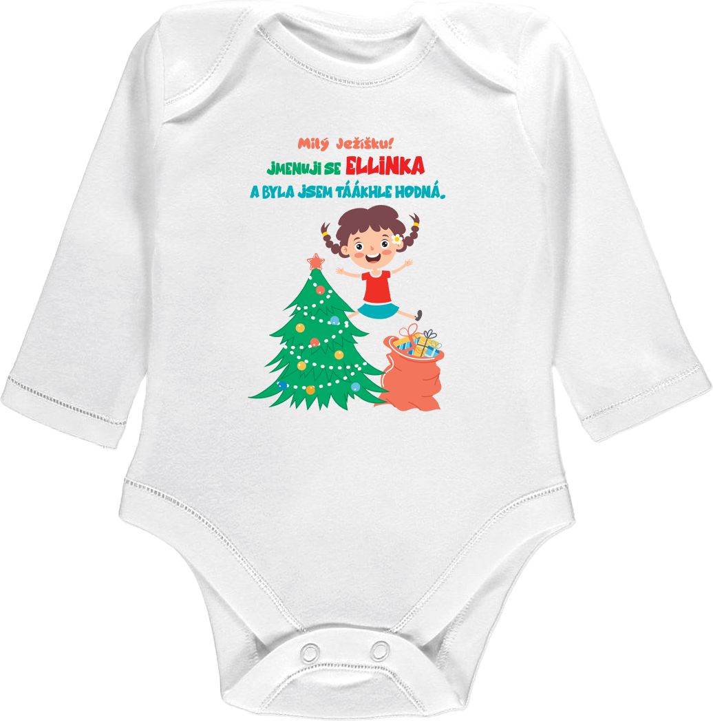 Kojenecké body Ellie Bee, krátký nebo dlouhý rukáv, barva bílá, motiv "Milý Ježíšku!" s jménem dítěte Velikost: 0 - 3 měsíce (56 - 62cm), Rukáv: dlouhý - obrázek 1