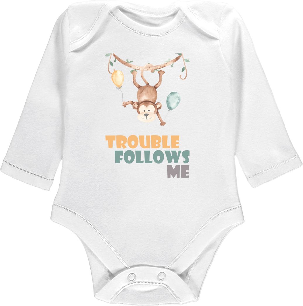 Kojenecké body Ellie Bee, krátký nebo dlouhý rukáv, barva bílá, motiv "Trouble follows me" Velikost: 0 - 3 měsíce (56 - 62cm), Rukáv: dlouhý - obrázek 1