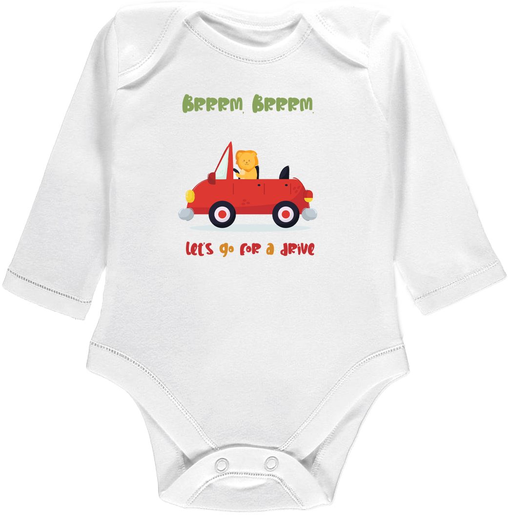 Kojenecké body Ellie Bee, krátký nebo dlouhý rukáv, barva bílá, motiv "Brrrm, brrrm. Let's go for a drive." Velikost: 0 - 3 měsíce (56 - 62cm), Rukáv: dlouhý - obrázek 1