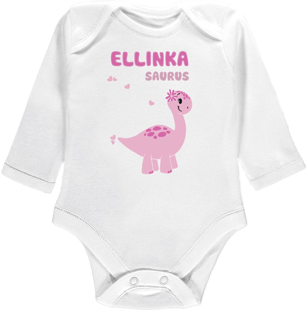 Kojenecké body Ellie Bee, krátký nebo dlouhý rukáv, barva bílá, motiv "Ellinka saurus" s jménem dítěte Velikost: 0 - 3 měsíce (56 - 62cm), Rukáv: dlouhý - obrázek 1
