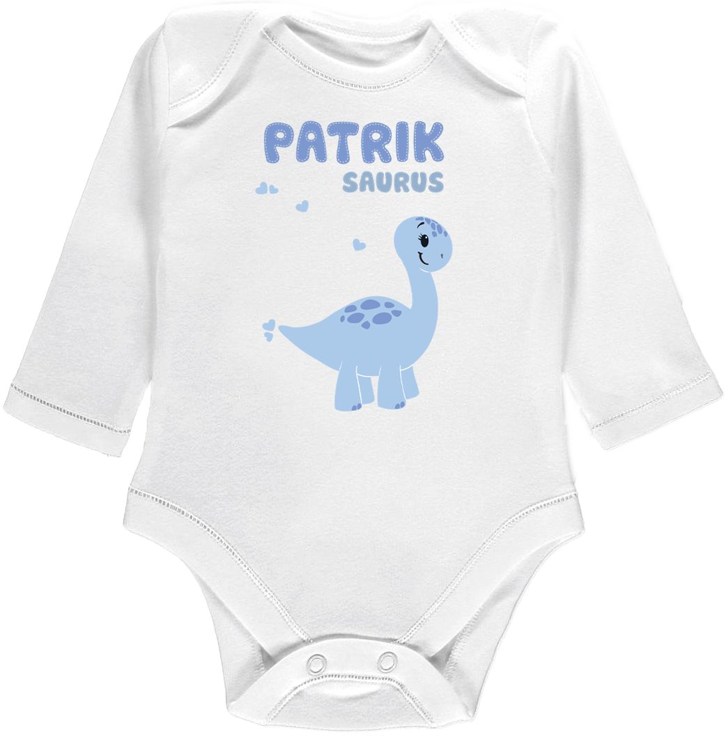 Kojenecké body Ellie Bee, krátký nebo dlouhý rukáv, barva bílá, motiv "Patrik saurus" s jménem dítěte Velikost: 0 - 3 měsíce (56 - 62cm), Rukáv: dlouhý - obrázek 1