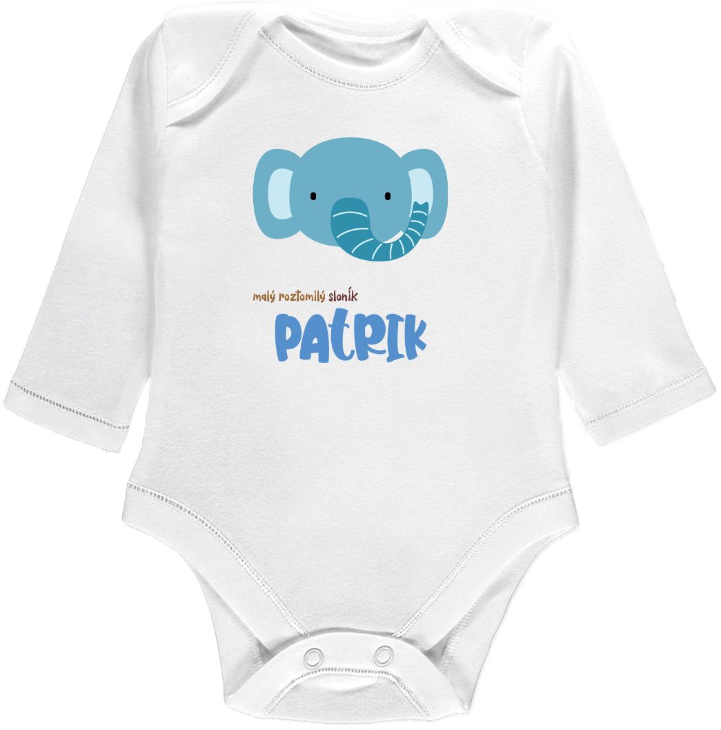 Kojenecké body Ellie Bee, krátký nebo dlouhý rukáv, barva bílá, motiv "Malý roztomilý sloník Patrik" s jménem dítěte Velikost: 0 - 3 měsíce (56 - 62cm), Rukáv: krátky - obrázek 3
