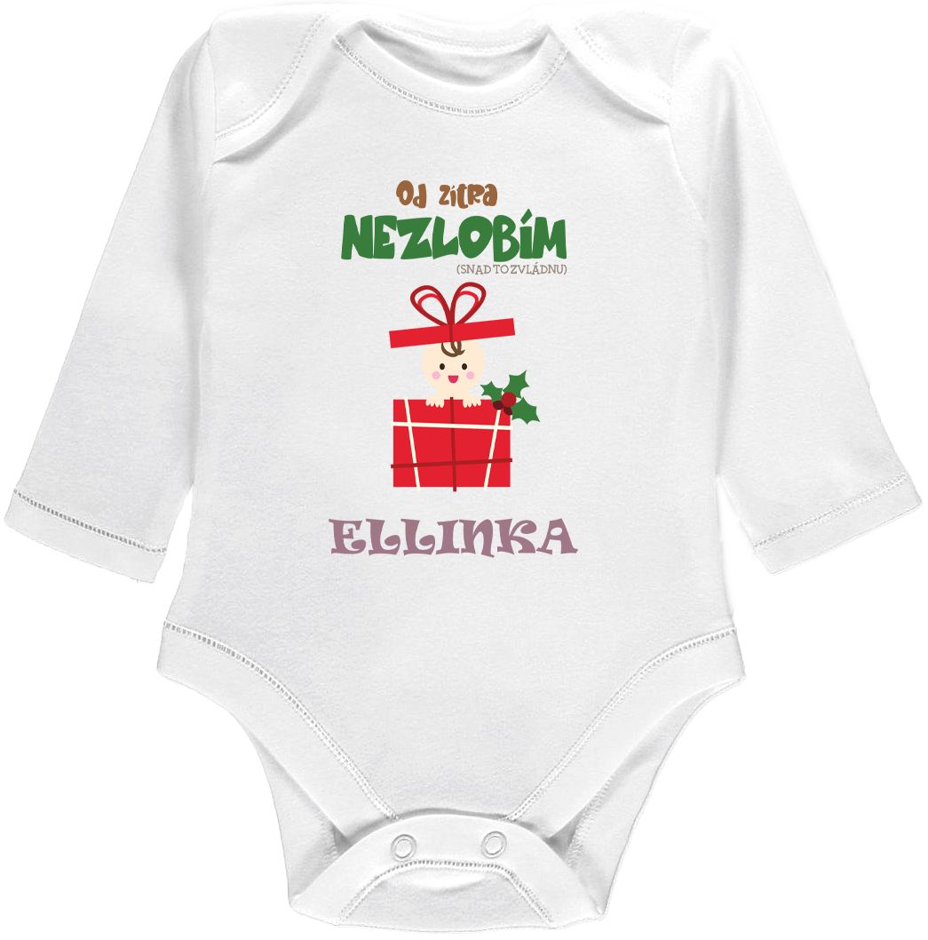 Kojenecké body Ellie Bee, krátký nebo dlouhý rukáv, barva bílá, motiv "Od zítra nezlobím. Snad to zvládnu." s jménem dítěte Velikost: 0 - 3 měsíce (56 - 62cm), Rukáv: dlouhý - obrázek 1