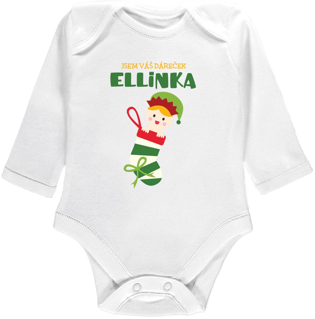 Kojenecké body Ellie Bee, krátký nebo dlouhý rukáv, barva bílá, motiv "Jsem váš dáreček" s jménem dítěte Velikost: 0 - 3 měsíce (56 - 62cm), Rukáv: dlouhý - obrázek 1