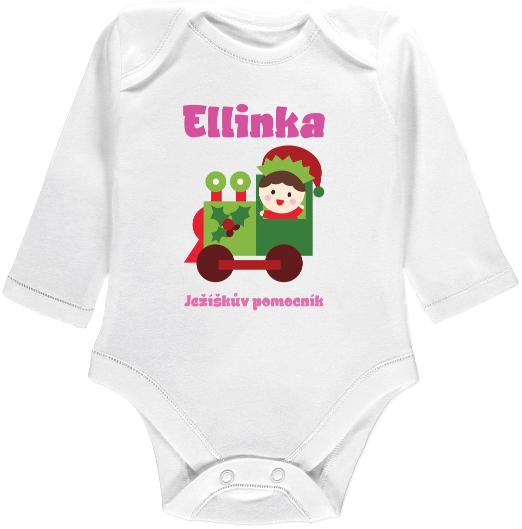 Kojenecké body Ellie Bee, krátký nebo dlouhý rukáv, barva bílá, motiv "Ježíškův pomocník" s jménem dítěte Velikost: 0 - 3 měsíce (56 - 62cm), Rukáv: dlouhý - obrázek 1