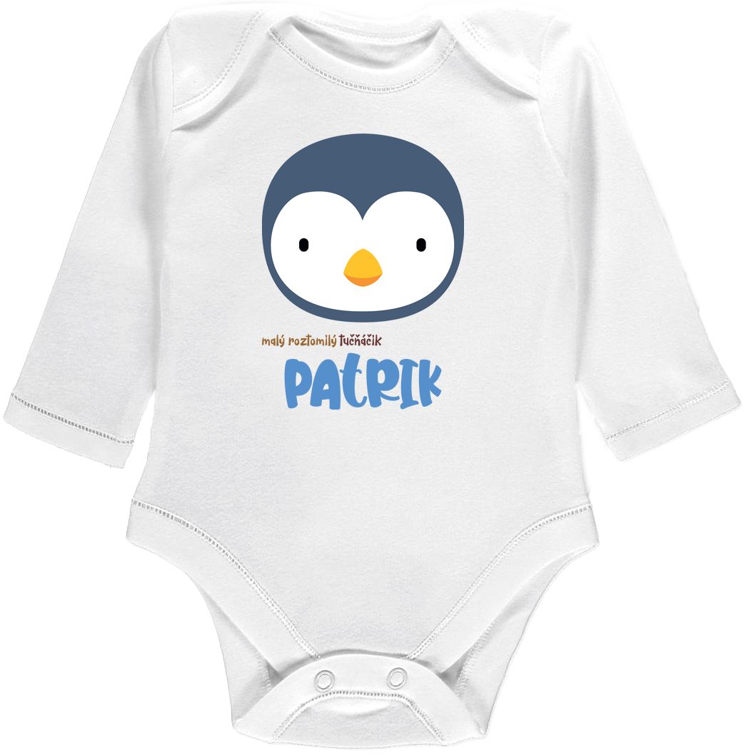 Kojenecké body Ellie Bee, krátký nebo dlouhý rukáv, barva bílá, motiv "Malý roztomilý tučňáčik Patrik" s jménem dítěte Velikost: 0 - 3 měsíce (56 - 62cm), Rukáv: dlouhý - obrázek 1