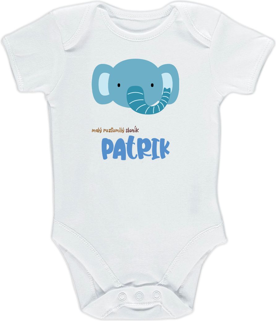 Kojenecké body Ellie Bee, krátký nebo dlouhý rukáv, barva bílá, motiv "Malý roztomilý sloník Patrik" s jménem dítěte Velikost: 0 - 3 měsíce (56 - 62cm), Rukáv: krátky - obrázek 1