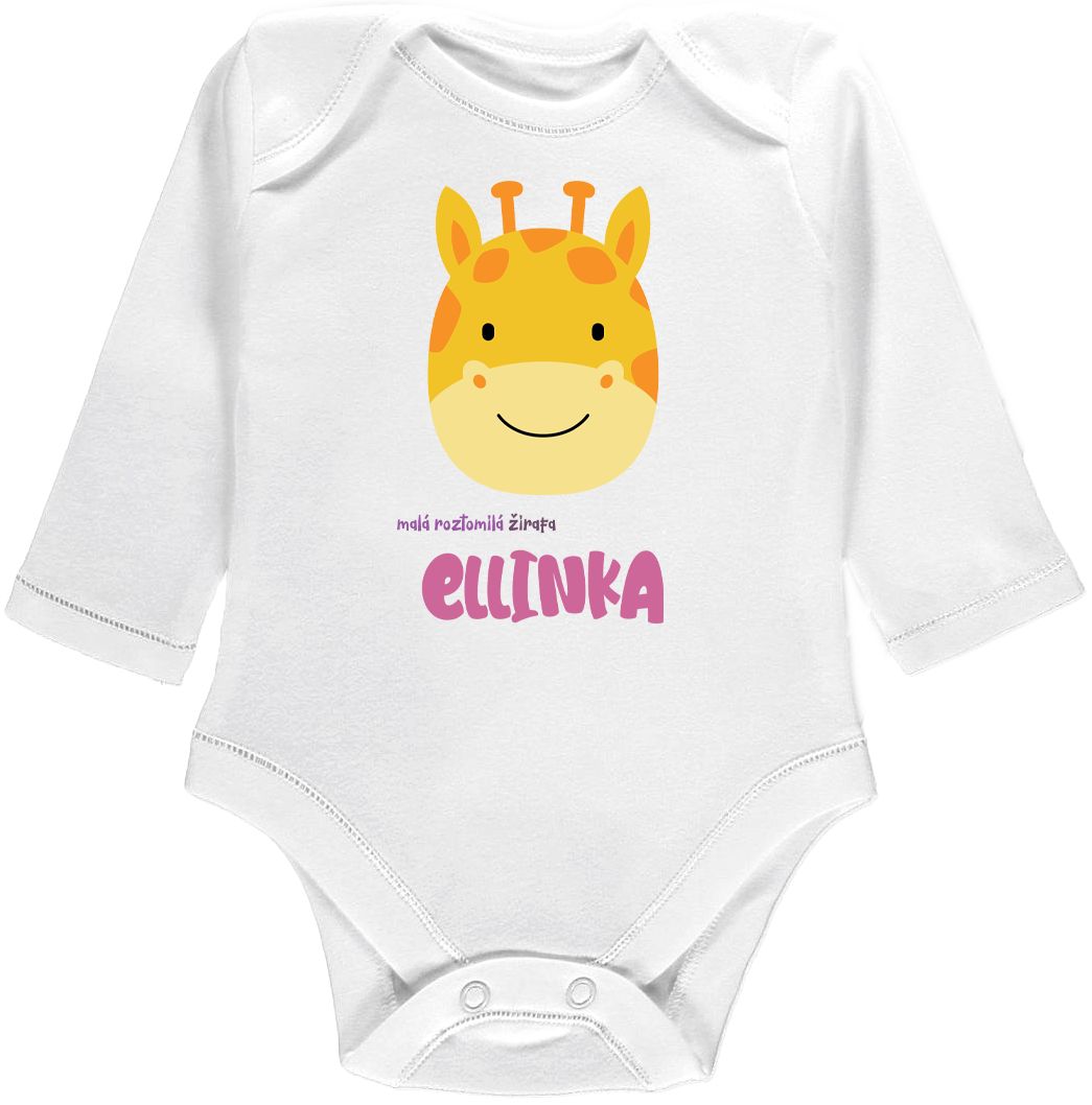 Kojenecké body Ellie Bee, krátký nebo dlouhý rukáv, barva bílá, motiv "Malá roztomilá žirafa Ellinka" se jménem dítěte Velikost: 0 - 3 měsíce (56 - 62cm), Rukáv: dlouhý - obrázek 1