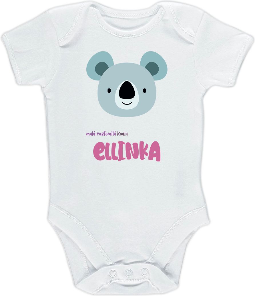 Kojenecké body Ellie Bee, krátký nebo dlouhý rukáv, barva bílá, motiv "Malá roztomilá koala Ellinka" se jménem dítěte Velikost: 0 - 3 měsíce (56 - 62cm), Rukáv: krátky - obrázek 1