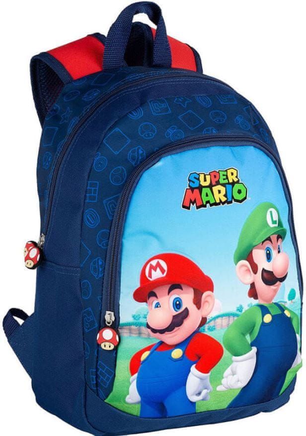 CurePink Školní batoh Nintendo|Super Mario: Mario & Luigi (objem 12 litrů|27 x 38 x 12 cm) modrý polyester - obrázek 1