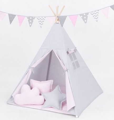 Stan pro děti teepee, týpí S VÝBAVOU - šedý / světle růžový - obrázek 1