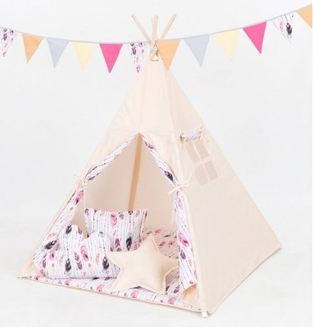 Stan pro děti teepee, týpí S VÝBAVOU - béžový / růžová pírka - obrázek 1