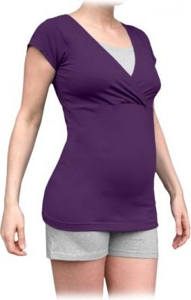 Těhotenské, kojící pyžamo, krátké - švestka/šedý melír, Velikosti těh. moda L/XL - obrázek 1