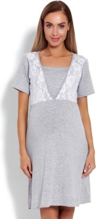 Těhotenská, kojící noční košile s krajkou, kr. rukáv - šedá, Velikosti těh. moda L/XL - obrázek 1