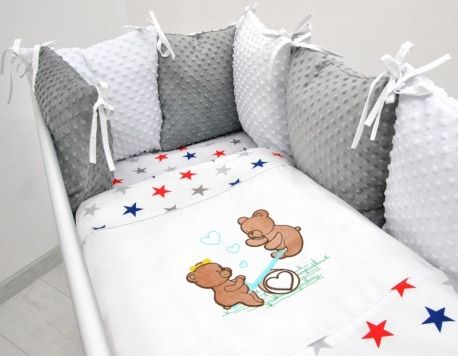Polštářkový mantinel s Minky s povlečením s vyšívkou - bílá,hvězdičky gran/čer - Houpačka, Velikost povlečení 120x90 - obrázek 1