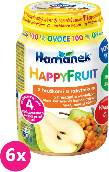 6x HAMÁNEK HappyFruit 100% s hruškami a rakytníkem - ovocný příkrm - obrázek 1