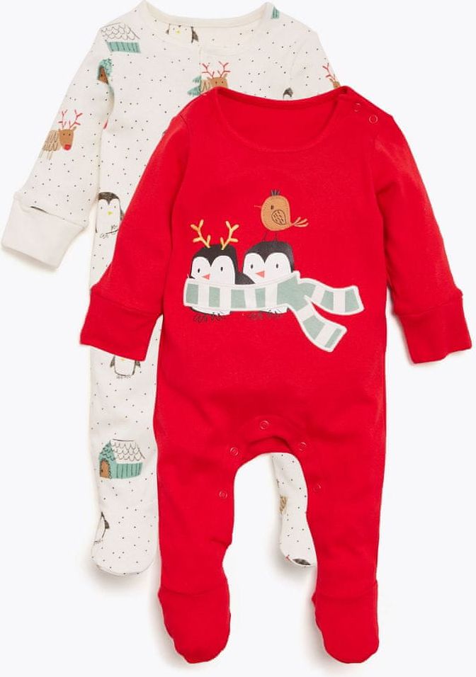 Marks & Spencer Vánoční kombinéza na spaní z čisté bavlny, 2 ks v balení (0–18 měsíců) červená 12-18 měsíců - obrázek 1